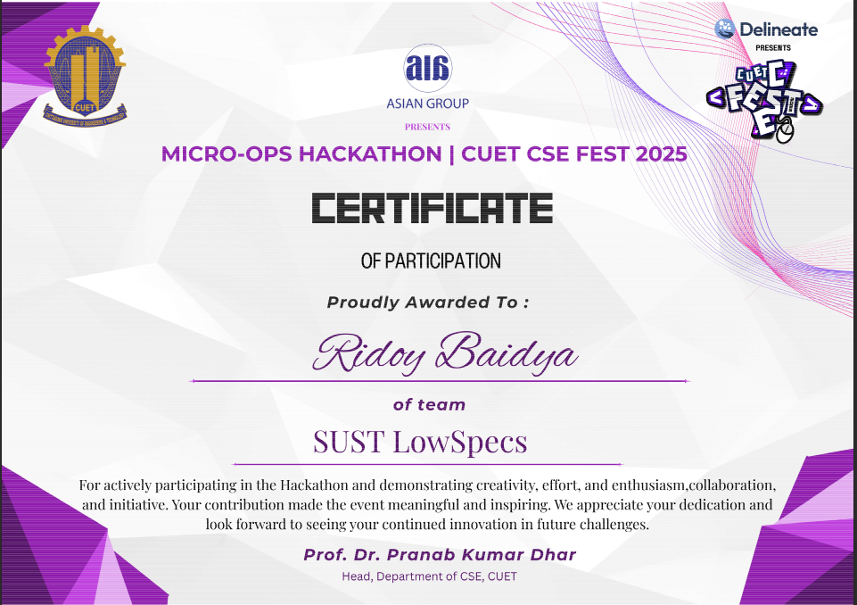 DevOps Hackathon – CUET certificate