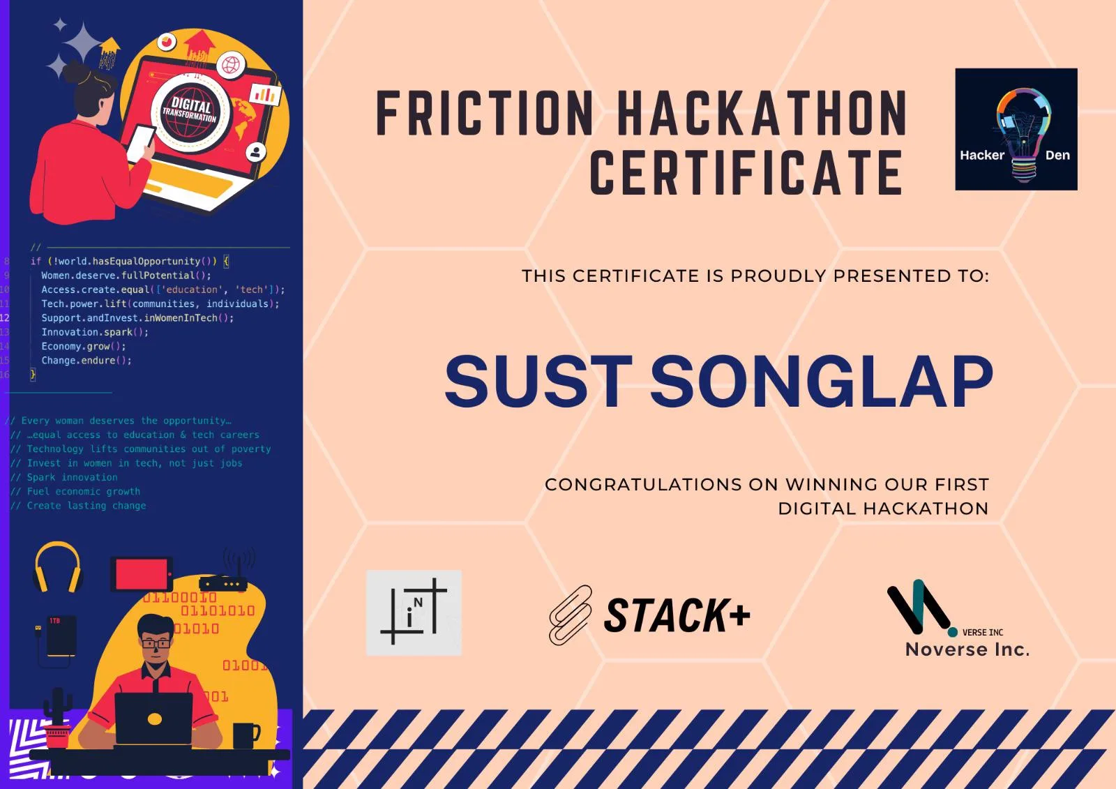 Friction Hackathon 2026 by Noverse Inc. certificate